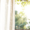 白いカーテンの隙間から、眩しい朝日が部屋いっぱいに差し込む様子。外の木々の緑が透け、光の筋が美しく広がる、清々しい朝の空間イメージ。